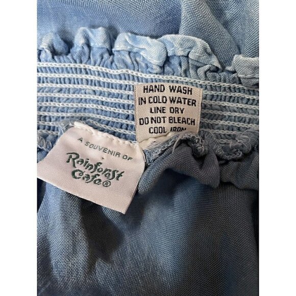 VTG 90s Rainforest Cafe Blue Chambray Floral Red Embroidered Dress Women’s S - Picture 10 of 10